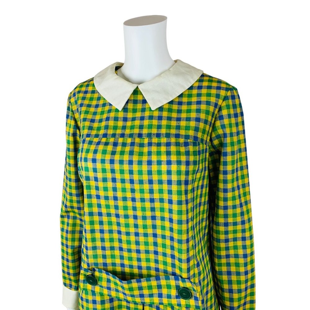 Vintage 1960s Checkered Dress Blue Green Schoolgirl Peter Pan Collar Sears - Picture 3 of 11
